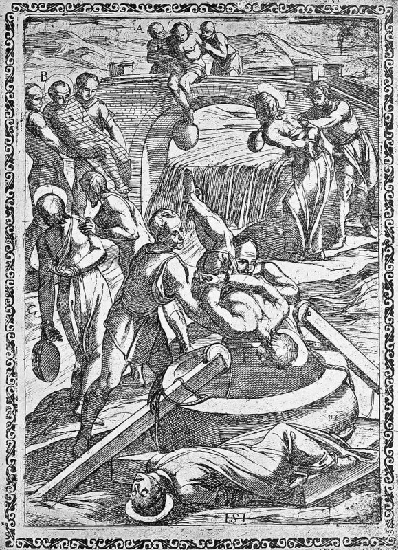 Torture, Torture, Inquisition, a. Condemned thrown into a river with a heavy stone at the foot, b. Wrapped in a net, thrown into water, c. Thrown into a nearby river with a lead weight around his neck, e. Thrown head first into a well, illustration, reproduction from a sixteenth-century model, middle age, authentic, file restored for optimal use, exact date of Template unknown