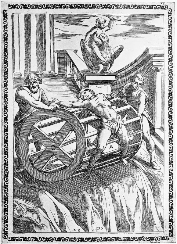 Torture, ordeal, inquisition, sometimes the convicts were tied to the circumference of large wheels and thus plunged from a great height onto rocky ground., illustration, reproduction from a 16th century model, medieval, authentic, file restored for optimal use, exact date of submission unknown