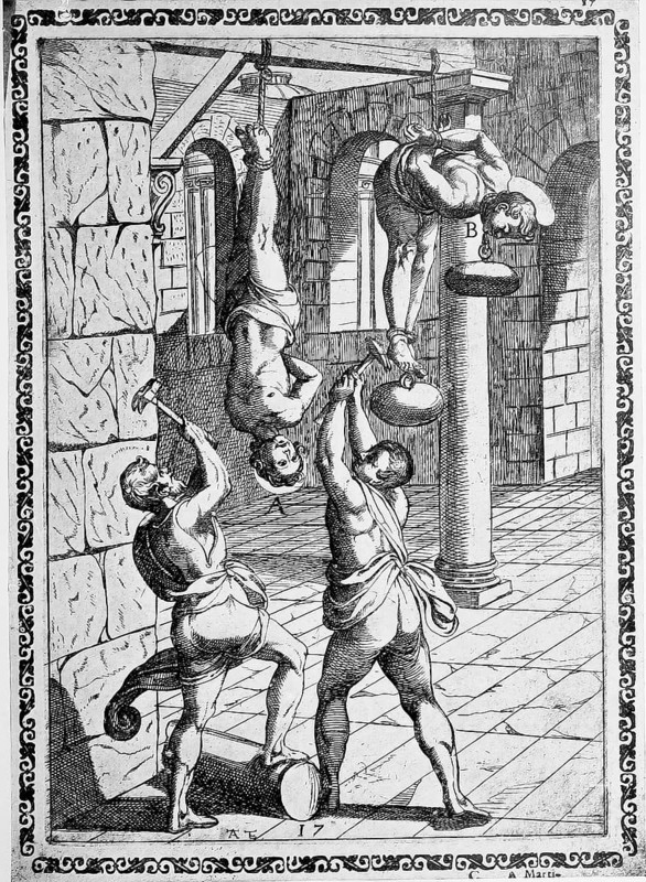 Torture, ordeal, inquisition, a. Condemned person being hung by the feet while his head is shattered with hammer blows, b. Condemned person being hung by hands tied behind his back while heavy weights are attached to his feet and around his neck., illustration, reproduction from a 16th century original, authentic, file restored for optimal use, exact date of original unknown