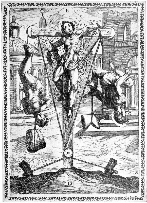 Torture, Torture, Inquisition, a. Condemned man hung by both feet with a large stone around his neck, b. Sometimes, after being coated with honey, the holy condemned were tied to stakes anchored in the ground and thus exposed to sunlight in order to become tortured, inquisitioned by bee and fly bites, c. Convicted person who was on a foot is suspended, one of the legs is bent at the knee and is held with an iron ring, the other is weighted with a heavy mass of iron, illustration, Reproduction of a model from the 16th century, medieval, authentic, file restored for optimal use, exact date of original unknown