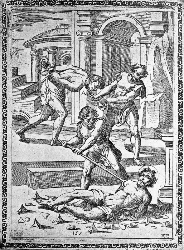Torture, Torture, Inquisition, a. Condemned person who was dragged through the city with an iron chain attached to his neck, b. bared and rolled over sharp iron spikes., illustration, reproduction from a 16th century original, authentic, file restored for optimal use, exact date of submission unknown