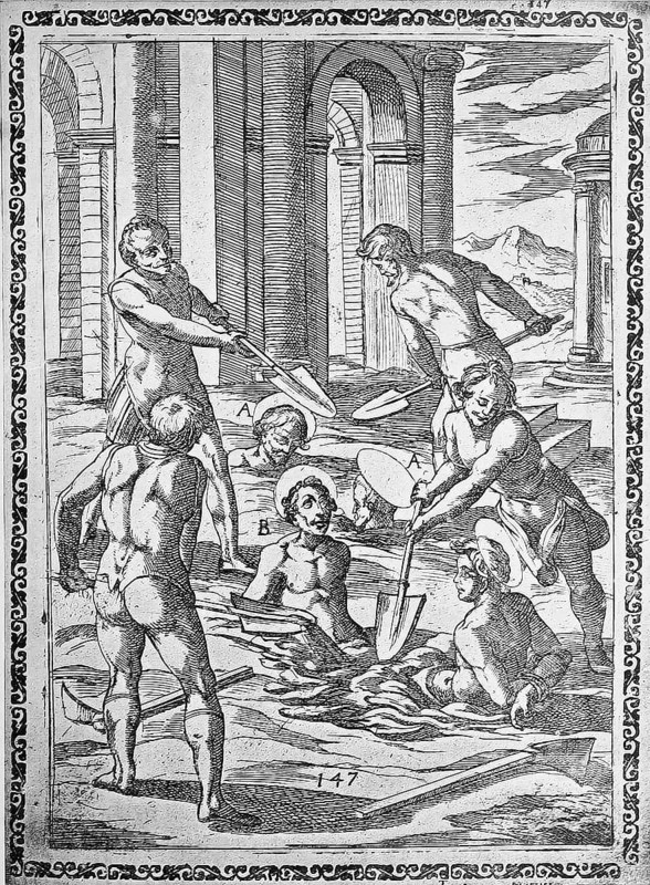 Torture, ordeal, inquisition, a. convicted thrown into deep pits and buried up to their necks with earth and stones, b. Convicted person left half buried with hands tied behind their back to die., illustration, reproduction from a sixteenth-century original, authentic, file restored for optimal use, exact date of submission unknown