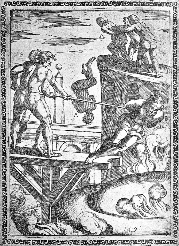 Torture, ordeal, inquisition, a. Condemned person who was thrown headlong from a great height b. Thrown into a lime kiln, illustration, reproduction from a 16th century model, middle age, authentic, file restored for optimal use, exact date of submission unknown