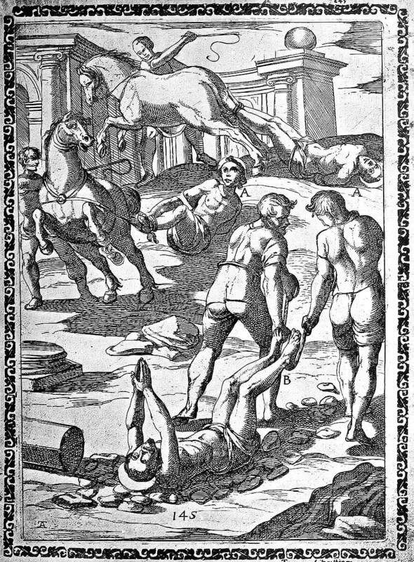 Torture, Torture, Inquisition, a. Condemned people tied to the neck or tail of wild horses and pulled cruelly behind them by them, b. Pulled through the streets or over rocky places with ropes attached to their feet., illustration, reproduction from a 16th century model, authentic, file restored for optimal use, exact date of submission unknown