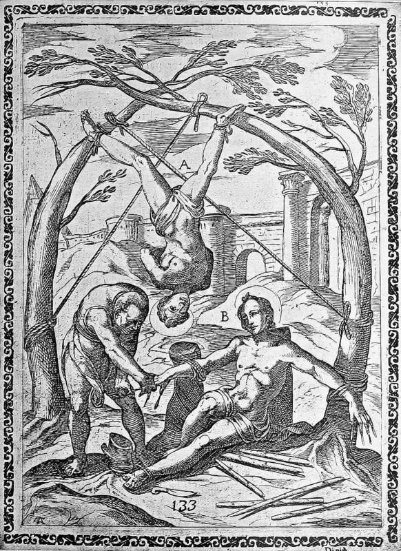 Torture, ordeal, inquisition, a. convict whose legs are tied to two neighboring trees, which have been forcibly bent and pressed together and which are soon released abruptly, b. Condemned person who is tortured with pointed reeds, inquisitiont, which are stabbed under his fingernails and toenails., illustration, reproduction from a 16th-century model, middle ater, authentic, File restored for optimal use, exact date of submission unknown