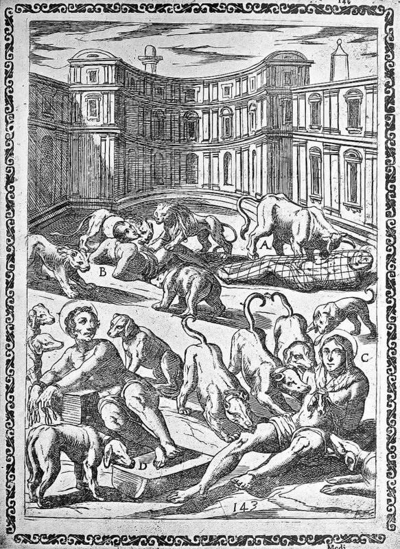 Torture, ordeal, inquisition, a. convict caught in a net and accused of eating by a wild bull, b. Thrown to the ground to be devoured by wild animals, c. Wrapped in animal skin and accused of eating the animals, d. With his feet tied to a large stone and with glowing iron spikes under his toenails, the convicted is fed by hungry dogs thrown., illustration, reproduction from a 16th century original, medieval, authentic, file restored for optimal use, exact date of Template unknown