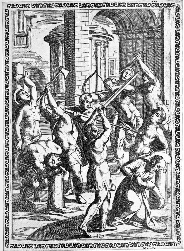 Torture, Torture, Inquisition, a. Condemned person who is stabbed in the throat, b. Killed with arrows, c. Hit on the head with an axe, d. Beheaded with a sword, e. Pierced with a lance., illustration, reproduction from a 16th century original, authentic, file restored for optimal use, exact date of submission unknown