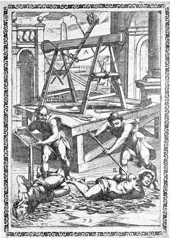 Torture, ordeal, inquisition, a. with wooden horse, b. convict picked up from a horse and rolled over pottery shards, c. Condemned person over whom quicklime, boiling oil and similar things are poured., illustration, reproduction from a 16th century original, authentic, file restored for optimal use, exact date of submission unknown