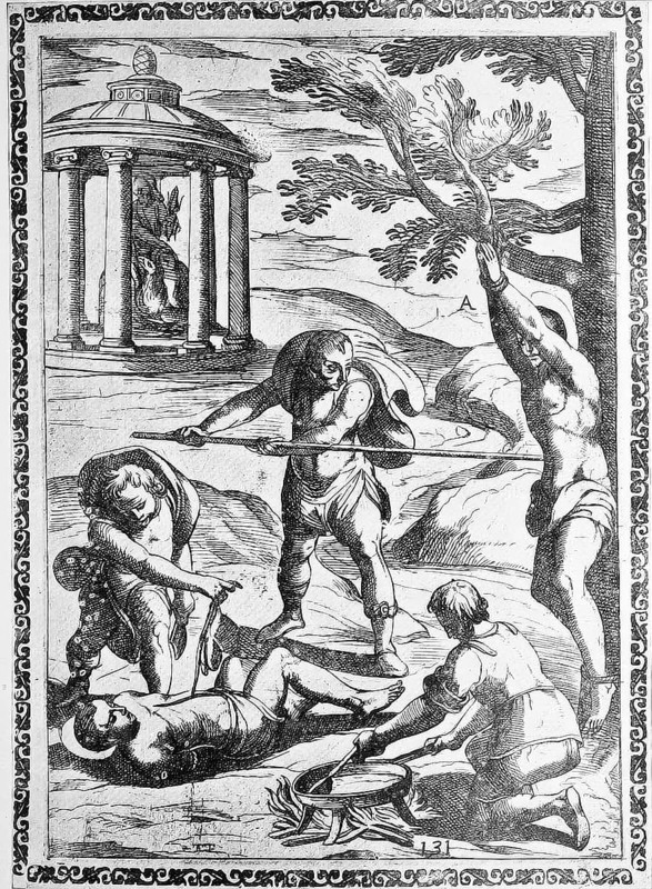 Torture, ordeal, inquisition, a. convict who was pierced with a pointed stake, b. Condemned person whose stomach was cut open and whose liver was torn out, sometimes eating it by the pagans., illustration, reproduction from a 16th century original, authentic, file restored for optimal use, exact date of submission unknown