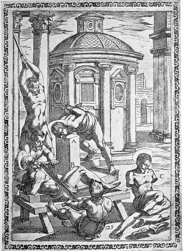 Torture, a. Killed with clubs or sticks, b. Sawed in half with an iron saw, c. hands and feet cut off, illustration, reproduction from a 16th century model, middle age, authentic, file restored for optimal use, exact date of original unknown