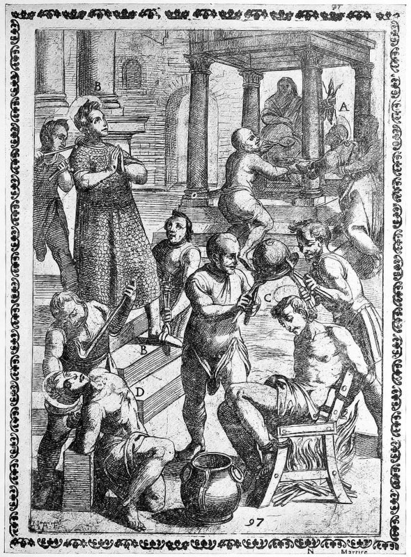 Torture, ordeal, inquisition, a. convict whose hand is filled with incense and glowing coals and who, forced to drop the incense due to pain, is considered sacrificed to the idol, b. Condemned dressed in an iron tunic and with burning shoes that burn the flesh from his bones, c. Condemned person sitting on an iron chair while you give him one in Put fire heated helmet on the head., illustration, reproduction from a 16th century model, middle age, authentic, file restored for optimal use, exact date of submission unknown