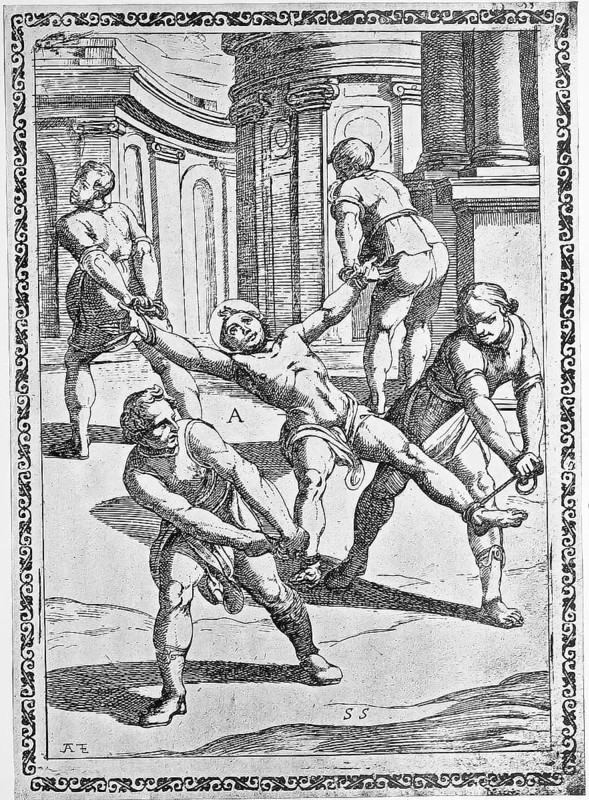 Torture, ordeal, inquisition, a convict who is tied down with straps or strings is forcibly pulled in all directions and thus torn apart limb by limb, illustration, reproduction from a 16th-century model, intermediate, authentic, file restored for optimal use, exact date of submission unknown