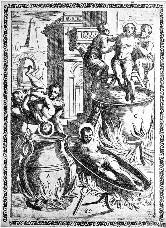 Torture, Torture, Inquisition, a. convict thrown upside down into a cauldron with molten lead or boiling oil, b. convict in a hot frying pan, c. Condemned person dipped in a boiling pot, illustration, reproduction from a sixteenth-century original, authentic, file restored for optimal use, exact date of submission unknown