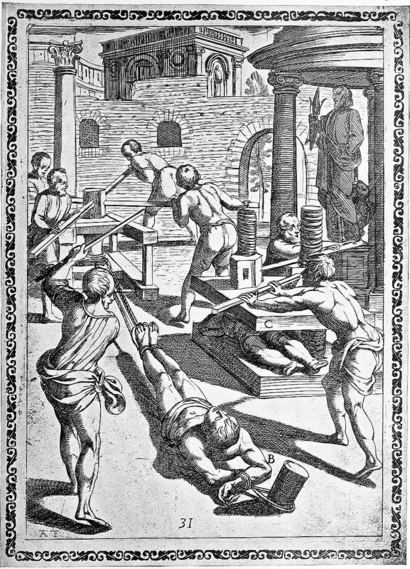 Torture, ordeal, inquisition, a. with pulley, b. convict stretched by a pulley, c. Crushed in the press, just as you grind grapes and olives to produce wine and oil, i.e. with winch or winch., illustration, reproduction from a sixteenth-century original, authentic, file restored for optimal use, exact date of submission unknown