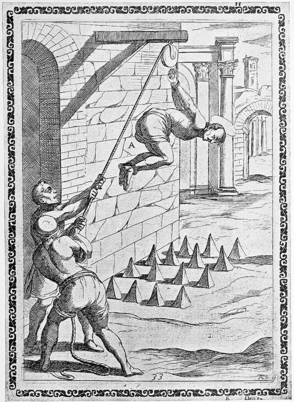 Torture, ordeal, inquisition, a. convicted person with hands tied behind his back, lifted into the air on a pulley of rope, c. pointed rods or cones on which the convicts were dropped, illustration, reproduction from a sixteenth-century original, authentic, file restored for optimal use, exact date of submission unknown