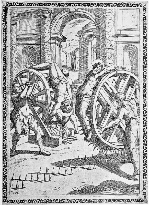 Torture, ordeal, inquisition, a. convict tied to a wheel turned on iron tips, b. tied to the circumference of a wheel turned over a burning fire., illustration, reproduction from a 16th century original, authentic, file restored for optimal use, exact date of original unknown
