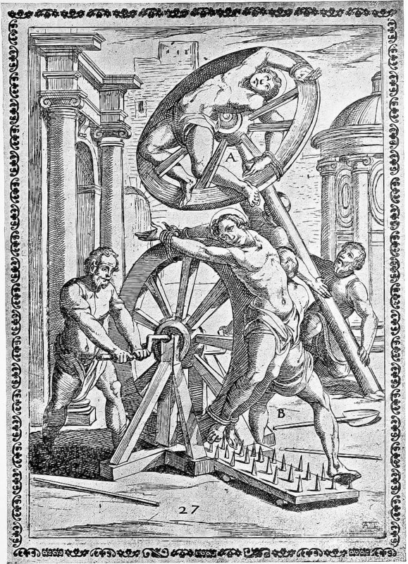 Torture, ordeal, inquisition, a. convict whose limbs are tied into the spokes of a wheel on which he hangs for several days until he dies, b. Condemned man tied to a narrow wheel that is turned so that his body is torn apart by the iron tips attached underneath, illustration, reproduction of a 16th-century model, medieval, authentic, file restored for optimal Usage, exact date of submission unknown