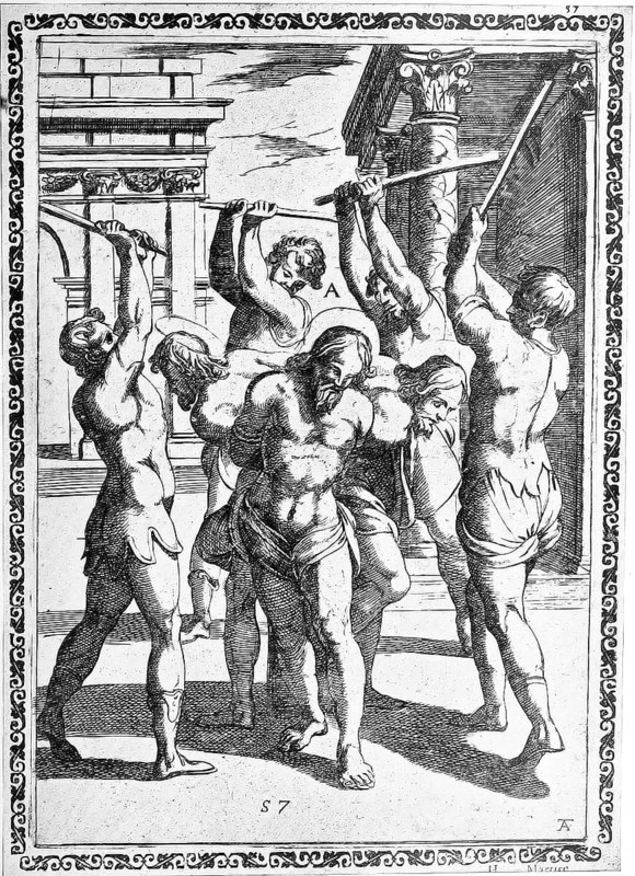 Torture, ordeal, inquisition, convicted person tied to a stake or pillar rammed into the ground and beaten with sticks until they die, illustration, reproduction from a 16th-century model, medieval, authentic, file restored for optimal use, exact date of submission unknown
