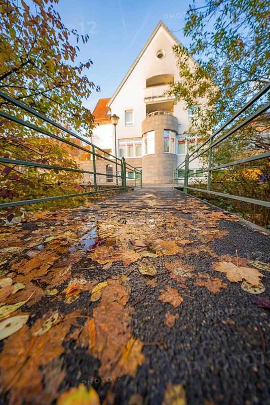 Autumn bridge with fallen leaves leading to a house, Aidlingen, Böblingen district, Germany