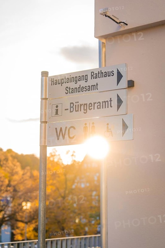 Signpost with sunbeams surrounded by autumn trees under a clear sky, Aidlingen, Böblingen district, Germany