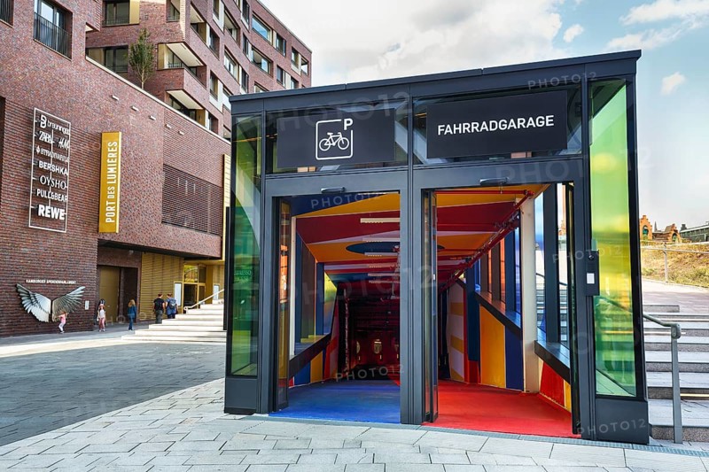 Colourful bicycle garage, bicycle parking garage at the Museum of Immersive Art, Port des Lumières, Westfield Überseequartier, modern shopping center, HafenCity, Hamburg, Germany