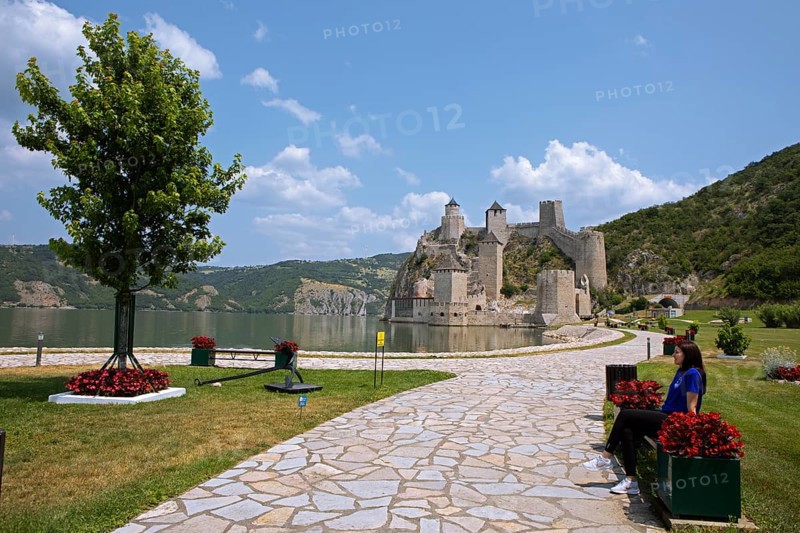 Golubac Fortress or Kolumbatz or Pigeon Town or Pigeon Castle on the Danube, in the background the Ðerdap National Park and Romania, Golubac, Serbia