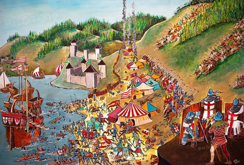 Battle of Golubac, painting in Golubac Fortress or Kolumbatz or Pigeon Town or Dove Castle on the Danube, Golubac, Serbia