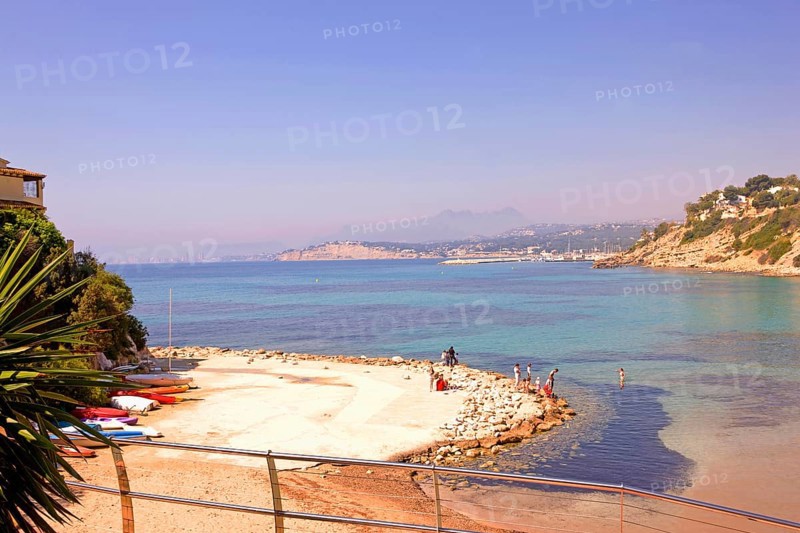 Lonely, shell-shaped beach, Moraira, former fishing village, pearl of the Costa Blanca, Mediterranean Sea, Playa del Portet, Valencia, Costa Blanca, Spain