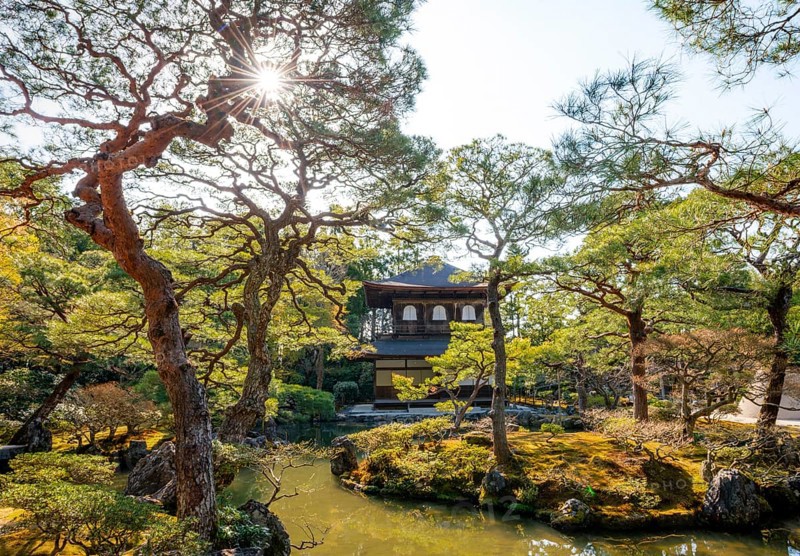 Artfully designed Japanese garden with pond and silver pavilion ginkaku, sun star, jisho-ji or ginkaku-ji, Zen temple, Higashiyama, Kyoto, Japan