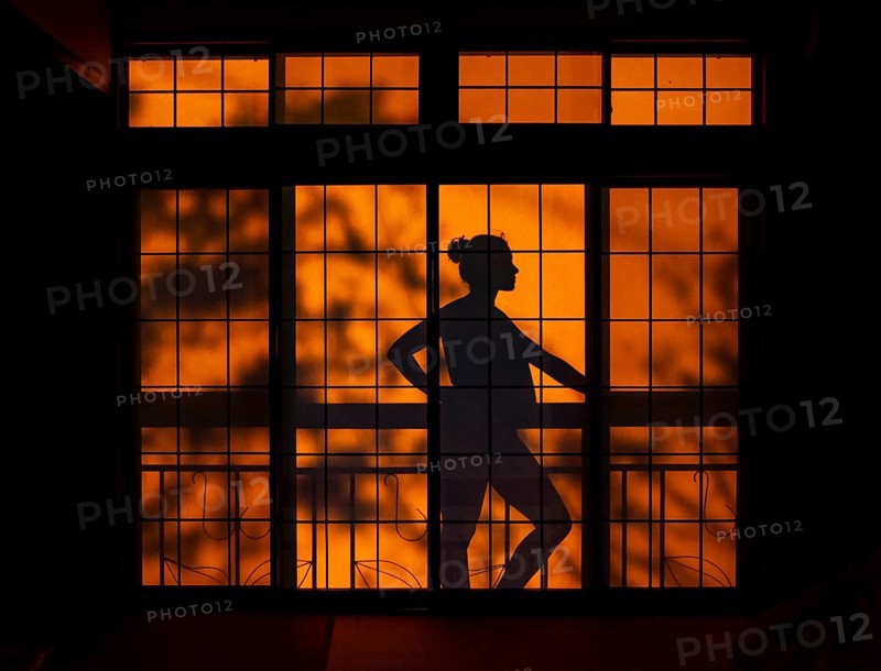 Shades of a woman on the balcony behind a sliding shoji door in a traditional Japanese house, Yamanouchi, Nagano, Japan