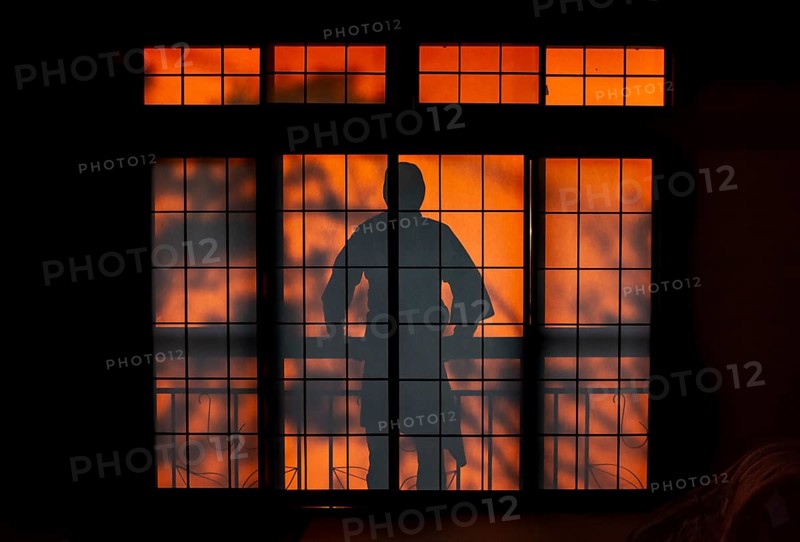 Shadows of a man on the balcony behind a sliding shoji door in a traditional Japanese house, Yamanouchi, Nagano, Japan