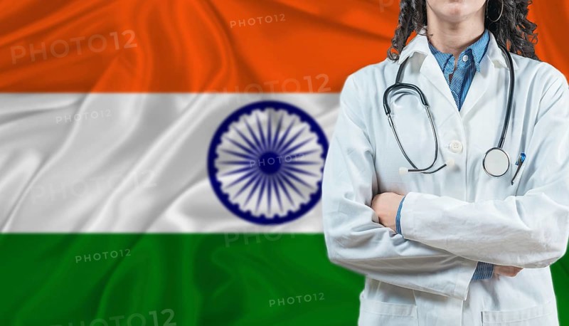 Medical professional on India flag. Healthcare and wellness in India, Concept