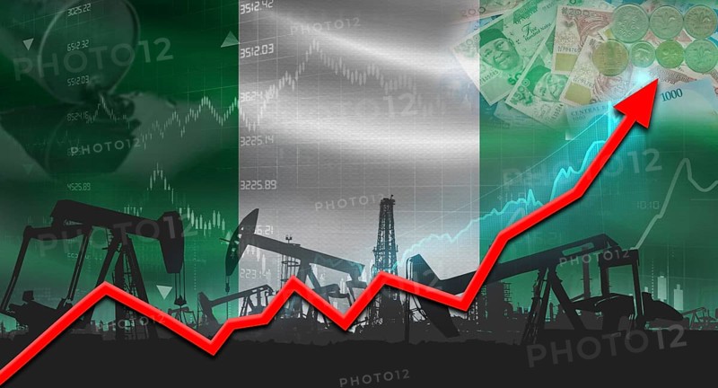 Growth of oil industry with Nigerian flag. Oil pumps with Nigerian flag. Oil production with Nigeria flag
