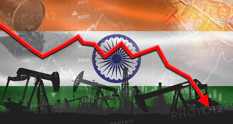 Fall oil price with India flag on economic chart. Petrol crisis with India flag on financial graph