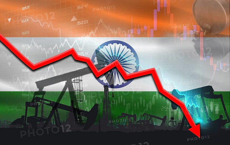 Crude crisis with Indian flag on financial graph. Fall oil price with flag of India on economic chart