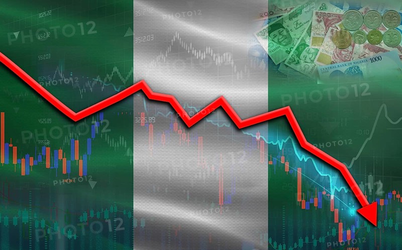 Nigeria financial fall on economy market. Nigeria financial crisis on economic graph