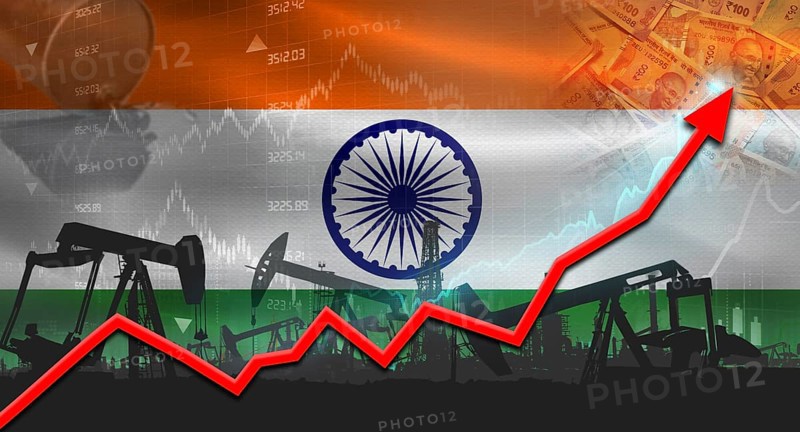 Growth of oil industry with Indian flag. Oil pumps with Indian flag. Oil production with India flag