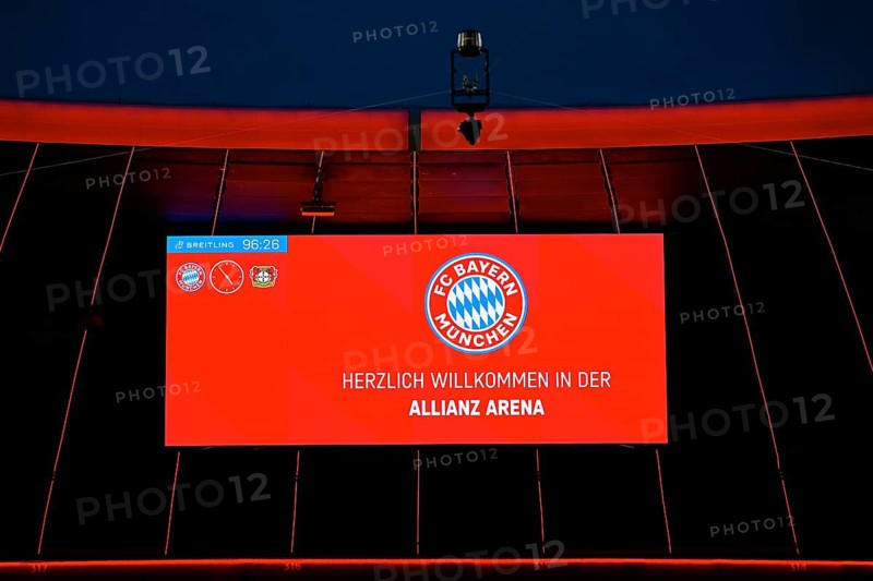Scoreboard WELCOME Welcome Logo FC Bayern Munich FCB Allianz Arena, Munich, Bayern, Germany