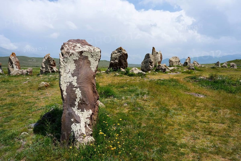 Stone pillars in a natural meadow under a blue sky, stone circle, megaliths, Zorats Karer, Karahundsch, Bronze Age burial ground, Sisian, Sissian, Syunik province, historical Sangesur, Armenia
