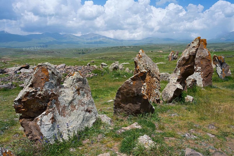 A series of stone monuments on a grassy area, stone circle, megaliths, Zorats Karer, Karahundsch, Bronze Age burial ground, Sisian, Sissian, Syunik province, historical Sangesur, Armenia