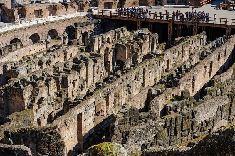 View of walls Ruins built built by Emperor Domitian hypogeum hypogeum substructure of historic arena Amphitheatrum Novum Amphitheatrum Flavium from ancient times, Rome. Lazio, Italia