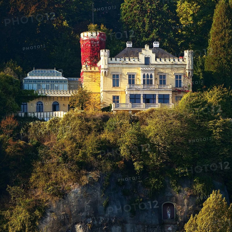 Marienfels Castle with Maria figure in a crevice, former residence of entertainer Thomas Gottschalk, Remagen, Rhineland-Palatinate, Germany