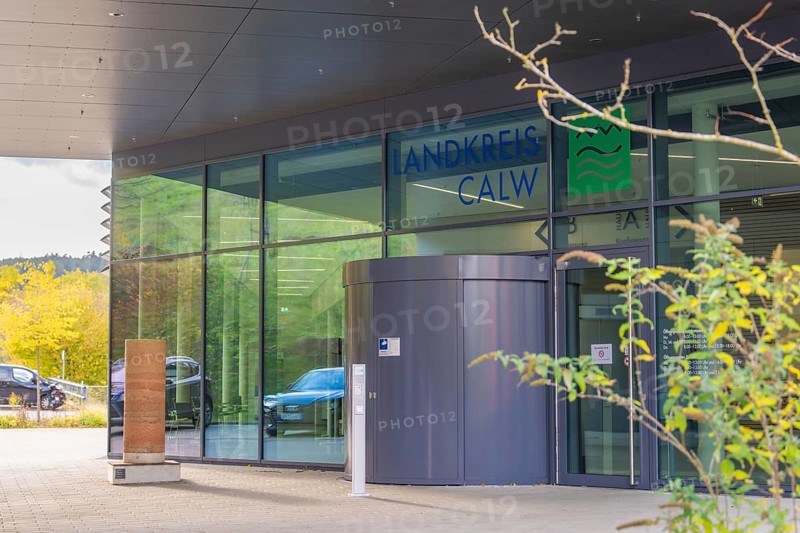 Stained glass window and entrance area of an office building in the Calw district with natural surroundings, Calw District Office, Calw, Germany
