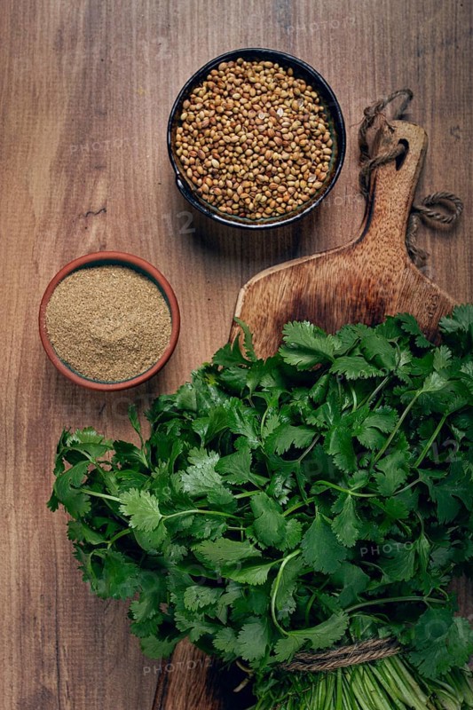 A bunch of fresh cilantro, coriander seeds and powder bowls, close-up, top view, no people, food and drinks