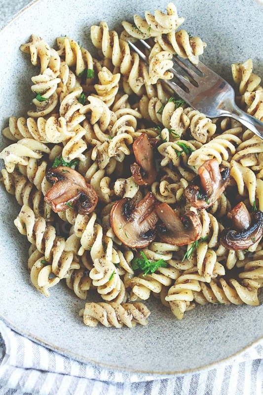 Fusilli pasta, in creamy mushroom sauce, pasta with mushrooms, homemade, no people