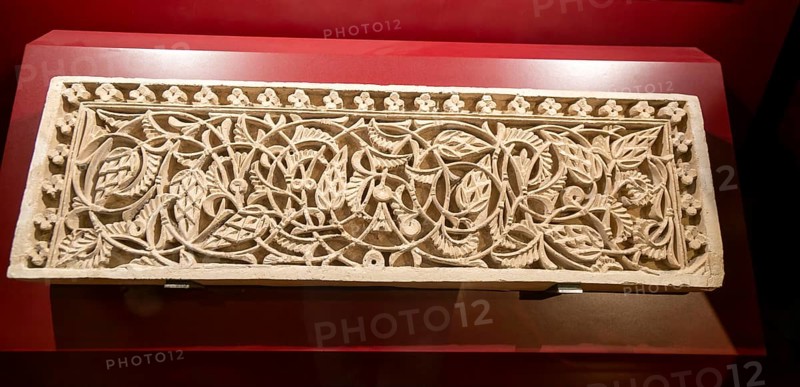 Ornate craved Moorish stonework on display, Aljafería Palace, Zaragoza, Aragon, Spain