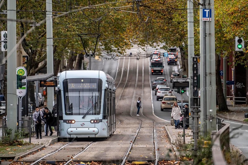 Bogestra tram, line 302 on Alleestraße, driving school, training trip, tram line in the middle of the street, stop J.-Mayer-S/Jahrh.-Halle, North Rhine-Westphalia, Germany