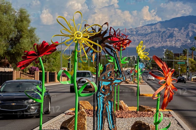 Las Vegas, Nevada - Metal flower art decorates the median strip on a Las Vegas road