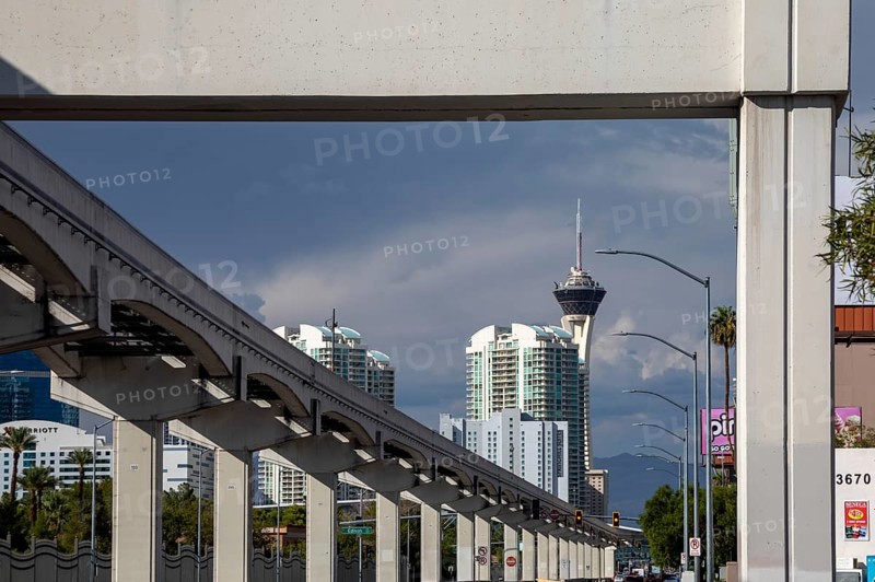 Las Vegas, Nevada, The Las Vegas Monorail, which carries passengers to most of the hotel-casinos on the Las Vegas Strip. The tower at the far end of the monorail is The Stratosphere Hotel and Casino, or the STRAT