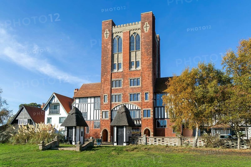 Gatehouse and water tank in planned holiday village of Thorpeness, Suffolk, England, UK built 1929 architect William Gilmour Wilson